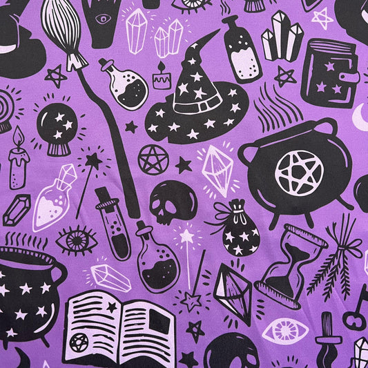 FS1063 Spooky Witchcraft Scuba Stretch Knit Fabric Purple | Fabric | Digitall, fabric, Halloween, Material, Potion, potions, Printed, purple, scuba, witch, Witch Hat | Fabric Styles