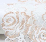FS1144 White & Gold Floral Stretch Lace Mesh Trim | drape, Elastic, fashion fabric, glitter, gold, haberdashery, Lace, making, Purple, rose, sewing, trimming, trimmings, white | Fabric Styles