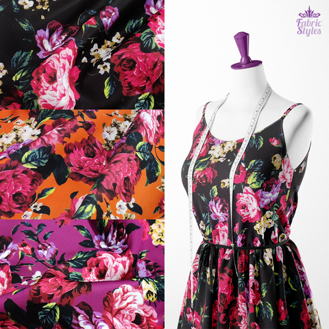 FS821 Floral | Fabric | Black, drape, Fabric, fashion fabric, Floral, jersey, making, Orange, Purple, Scuba, sewing, stretch, Stretchy | Fabric Styles