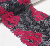 FS1145 Black & Red Floral Stretch Lace Trim | drape, Elastic, fashion fabric, haberdashery, Lace, making, Purple, rose, sewing, trimming, trimmings | Fabric Styles
