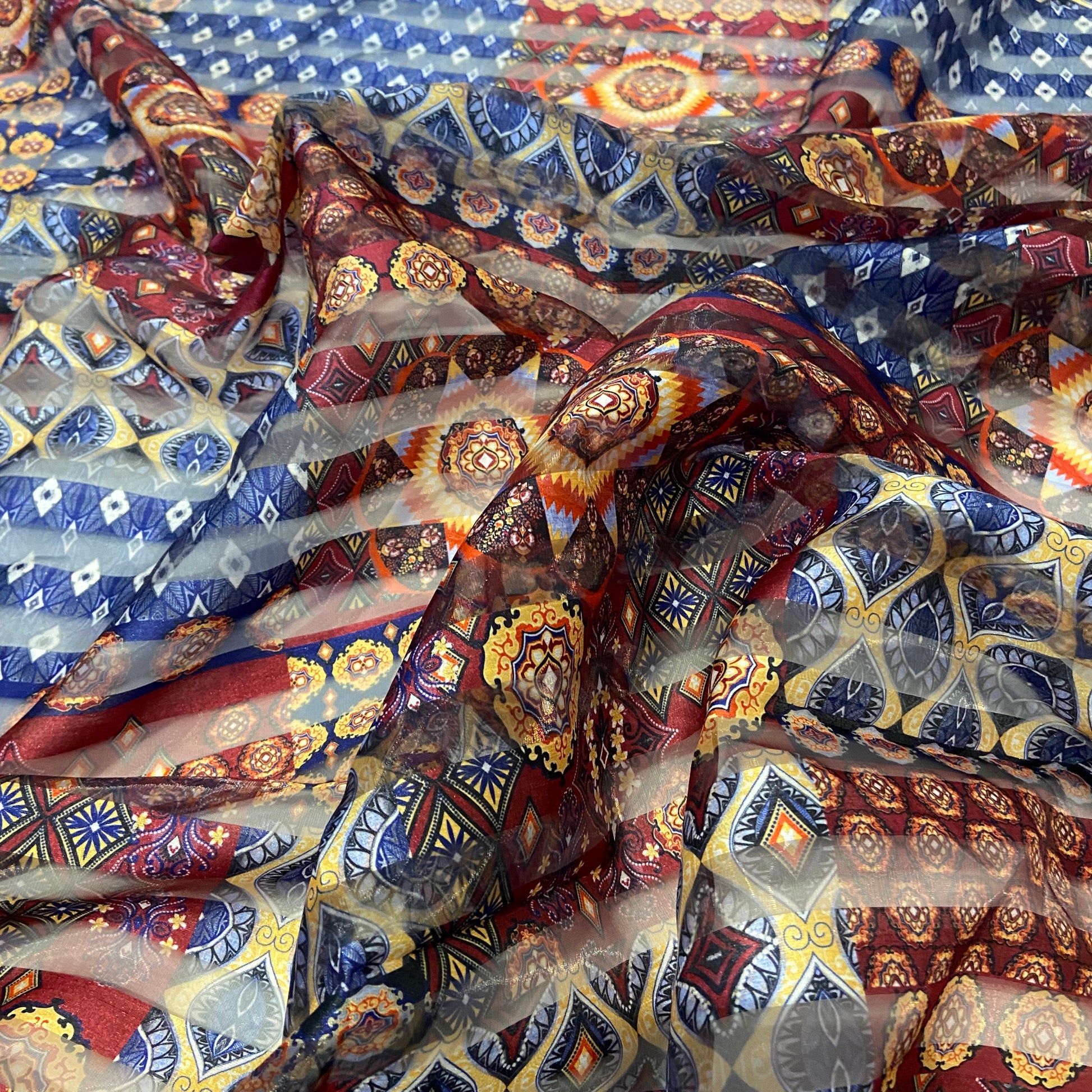 47. Organza Stripe Ethnic | Fabric | Black, brown, dressmaking, elastane, fabric, fabrics, Floral, Flower, flowers, Green, Grey, leggings, Leopard, Limited, Neon, Organsa, Organza, SALE, skirt, stretchy, Stripe, Tie Dye, White | Fabric Styles