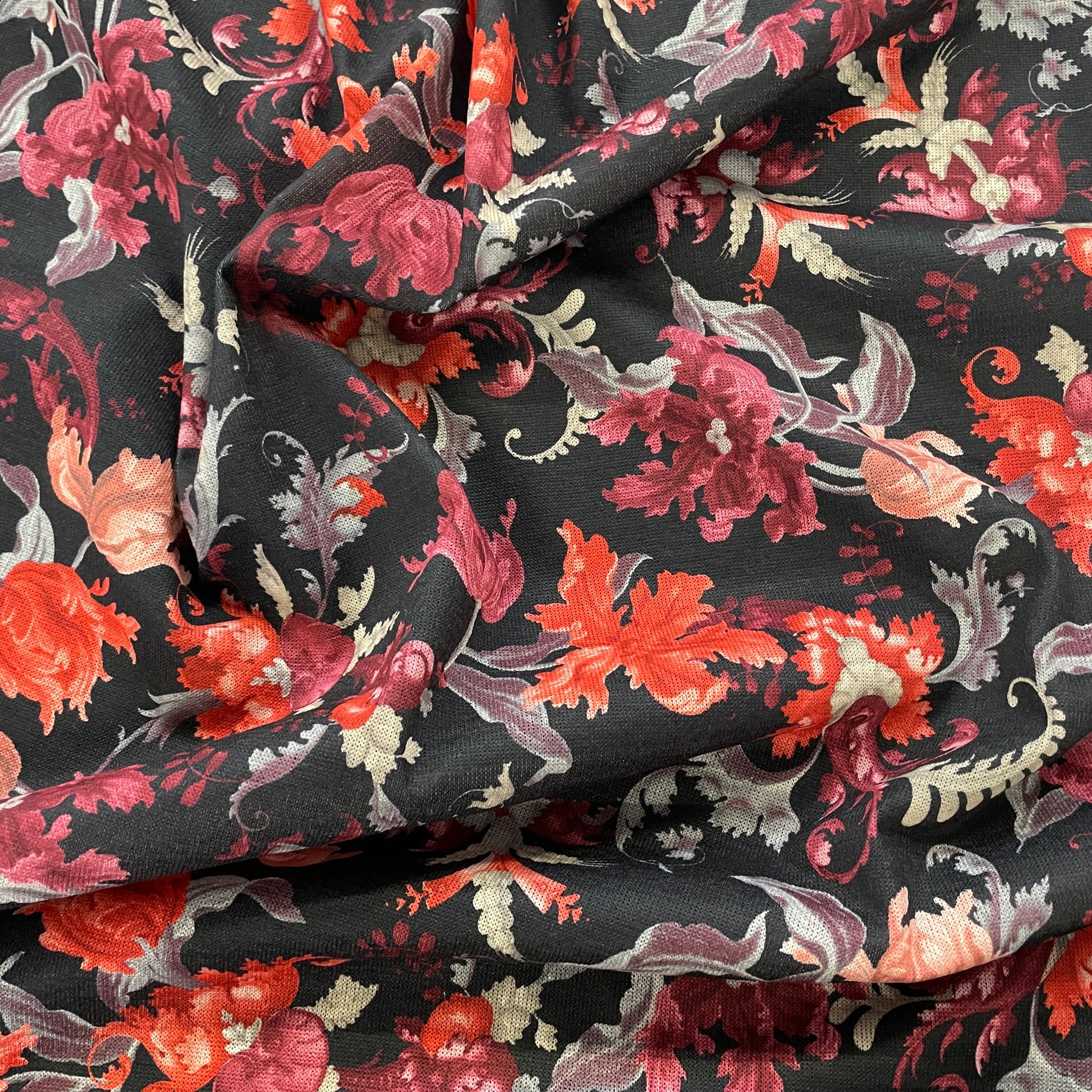 FS972 Floral Knitwear Stretch Knit Fabric Black | Fabric | blue, broom, Children, drape, elastane, Fabric, fashion fabric, Floral, Flower, jersey, Kids, Knit, Knitwear, Loungewear, making, Pink, Polyester, Potions, Potter, sale, sewing, Skirt, Stretchy | Fabric Styles