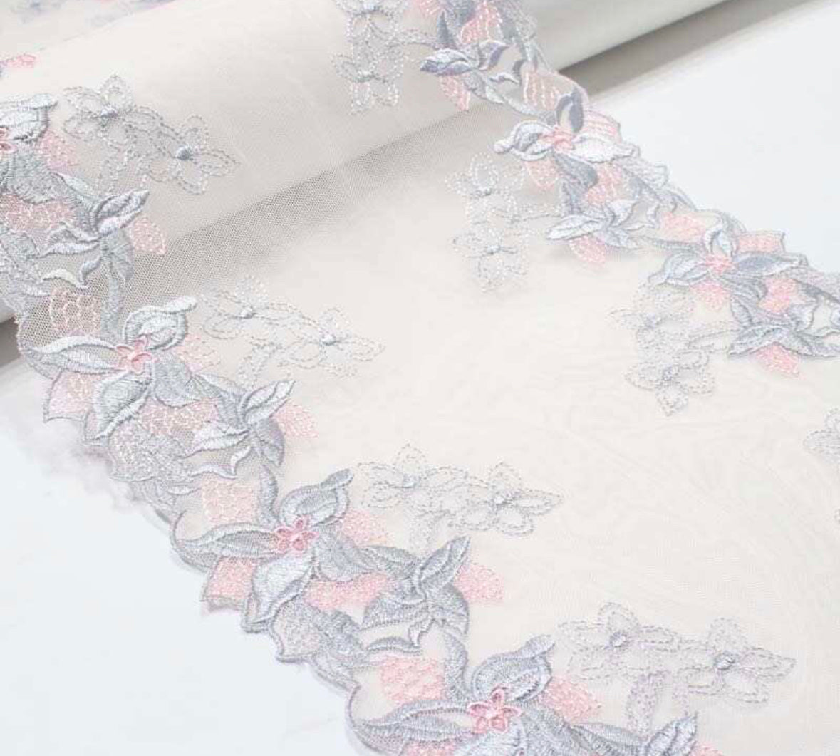 FS1146 Grey Floral Stretch Lace Trim | drape, Elastic, fashion fabric, haberdashery, Lace, making, Purple, rose, sewing, trimming, trimmings | Fabric Styles