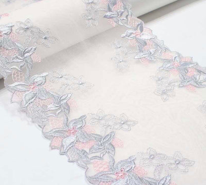 FS1146 Grey Floral Stretch Lace Trim | drape, Elastic, fashion fabric, haberdashery, Lace, making, Purple, rose, sewing, trimming, trimmings | Fabric Styles