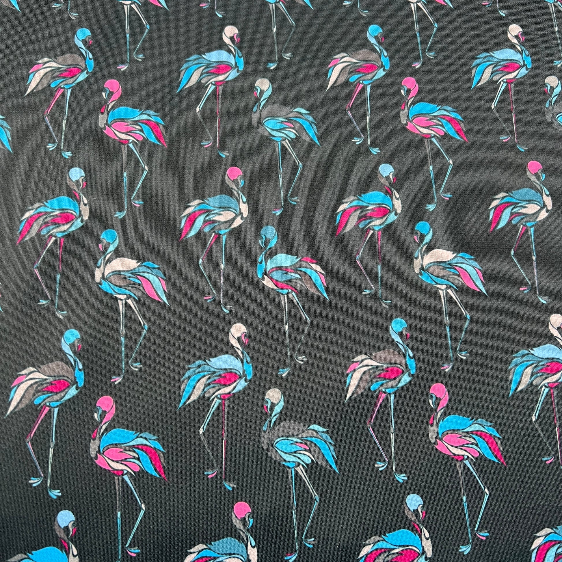 FS1000_2 Flamingo Scuba Stretch Knit Fabric Black blue | Fabric | black, childrens, Conversational, fabric, flamingo, jersey, kids, knit, purple, scuba, stretch | Fabric Styles