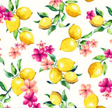 FS295 Lemon Floral Scuba Stretch Knit Fabric White & Black | Fabric | Black, Blue, Fabric, Floral, Flower, Flowers, Fruit, Garden, Leaf, Lemon, Lemons, Light, Mint, Petal, Pink, Scuba, Summer, White, Yellow | Fabric Styles