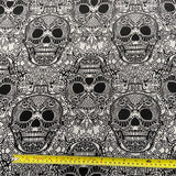FS715_1 Skulls Knit Jersey Stretch Fabric White | Fabric | drape, elastane, Fabric, fashion fabric, Halloween, jersey, Knit, Knitwear, Loungewear, making, Polyester, Sale, sewing, Skirt, Skull, Stretchy, White | Fabric Styles