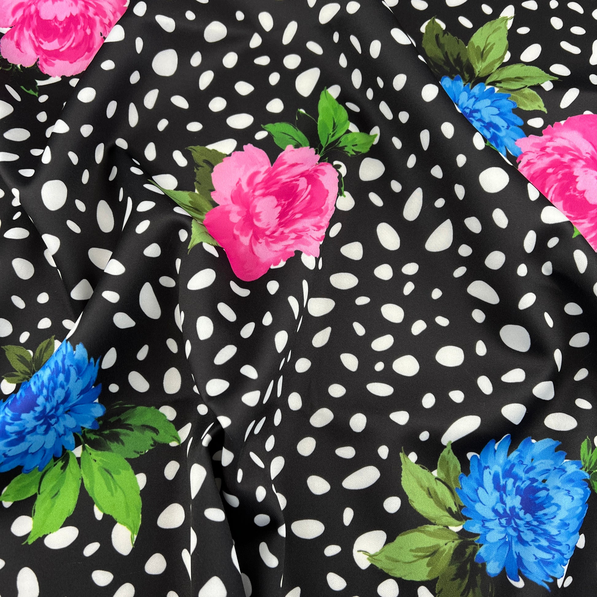 FS488 Dalmatian Floral | Fabric | drape, Fabric, fashion fabric, Floral, Flower, Nude, Scuba, sewing, Stretchy | Fabric Styles