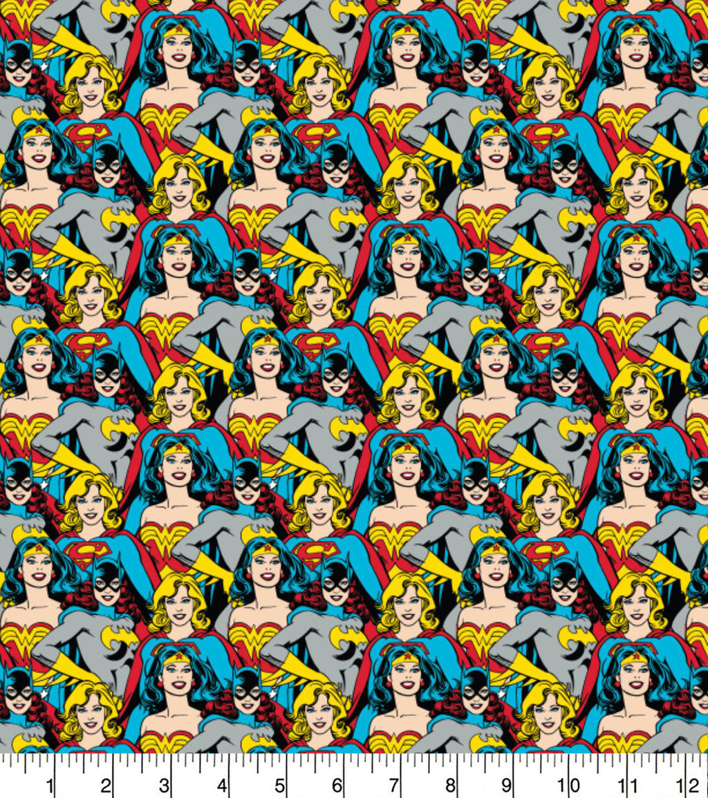 FS783_4 Heroines Stacked DC | Fabric | batman, Blue, Brand, Branded, Children, comic, comics, Cotton, Cotton SALE, dc, drape, Fabric, fashion fabric, flash, hero, Kids, Light blue, logo, making, man, Navy, super, superhero, Superman | Fabric Styles