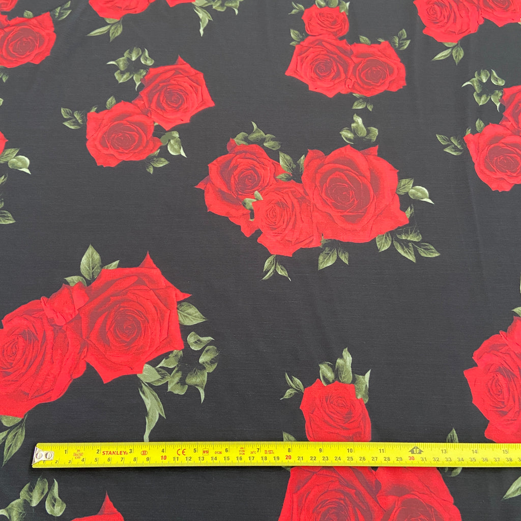 FS564 Rosey Red  ITY Silky Stretch Knit Fabric Black | Fabric | drape, Dress Fabric, Dress making, Dressmaking Fabric, Fabric, fashion fabric, Floral, ITY, making, Pink, Polyester, sale, sewing | Fabric Styles