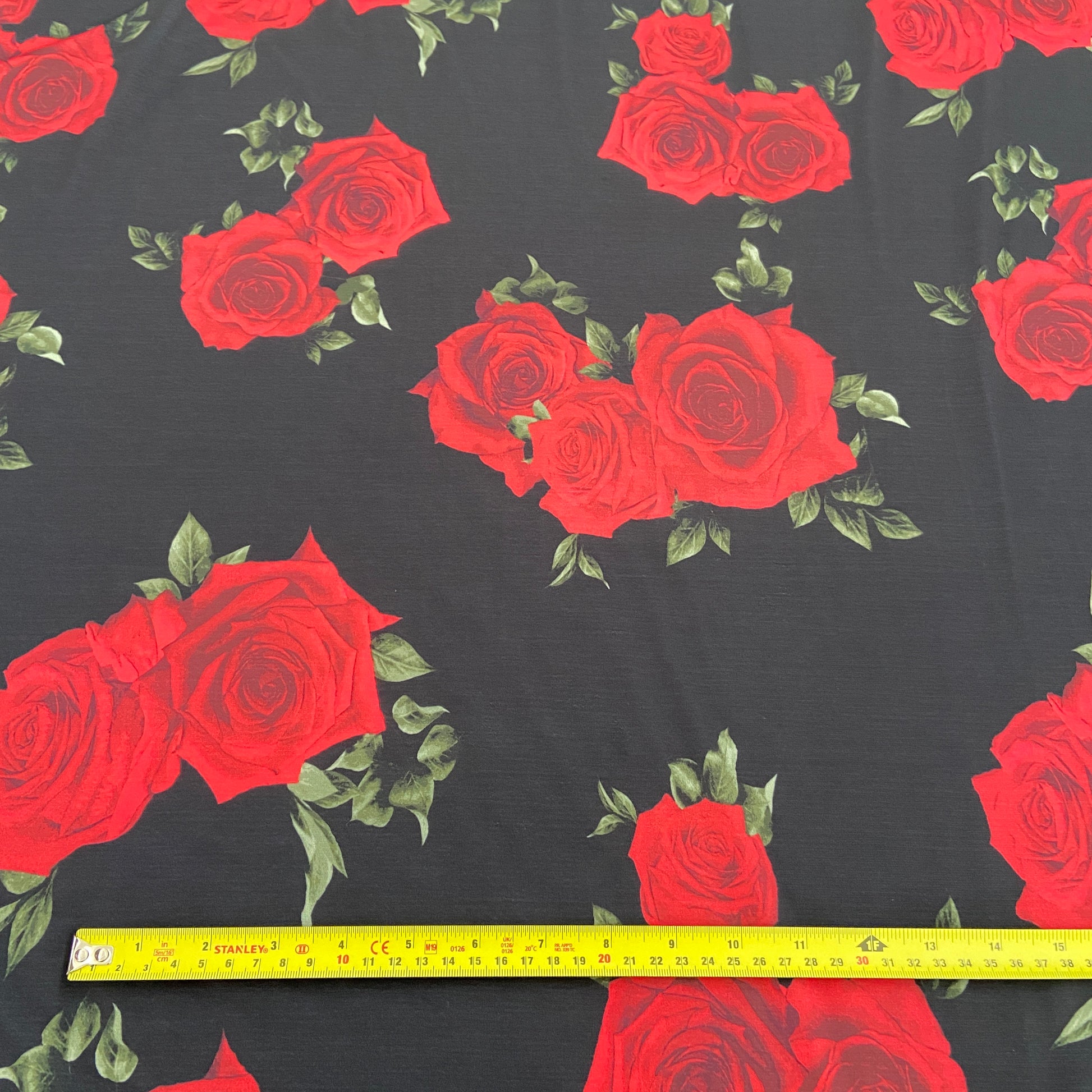 FS564 Rosey Red  ITY Silky Stretch Knit Fabric Black | Fabric | drape, Dress Fabric, Dress making, Dressmaking Fabric, Fabric, fashion fabric, Floral, ITY, making, Pink, Polyester, sale, sewing | Fabric Styles