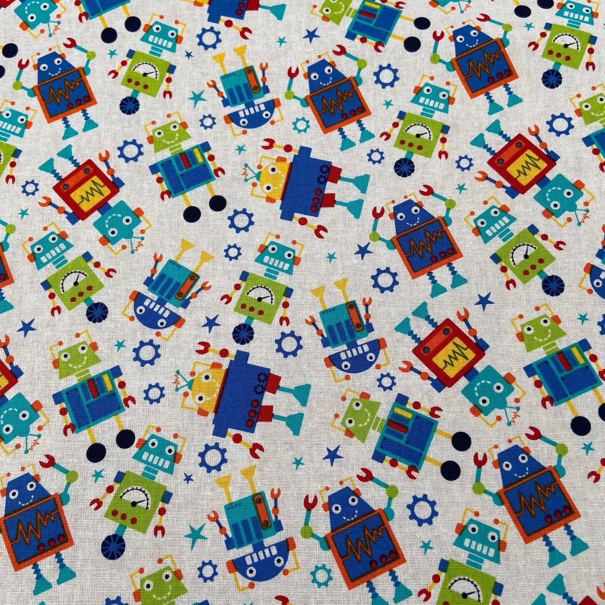 FS679_2 Robot Dreams Cotton Fabric White | Fabric | blue, celebration, children's, Cotton, Denim, drape, Dream, Fabric, fashion fabric, grey, kid, kids, Light blue, making, Robot, Robot Dream, Robot Dreams, rugby, sewing, Skirt, sports, Sports day | Fabric Styles