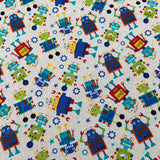 FS679_2 Robot Dreams Cotton Fabric White | Fabric | blue, celebration, children's, Cotton, Denim, drape, Dream, Fabric, fashion fabric, grey, kid, kids, Light blue, making, Robot, Robot Dream, Robot Dreams, rugby, sewing, Skirt, sports, Sports day | Fabric Styles