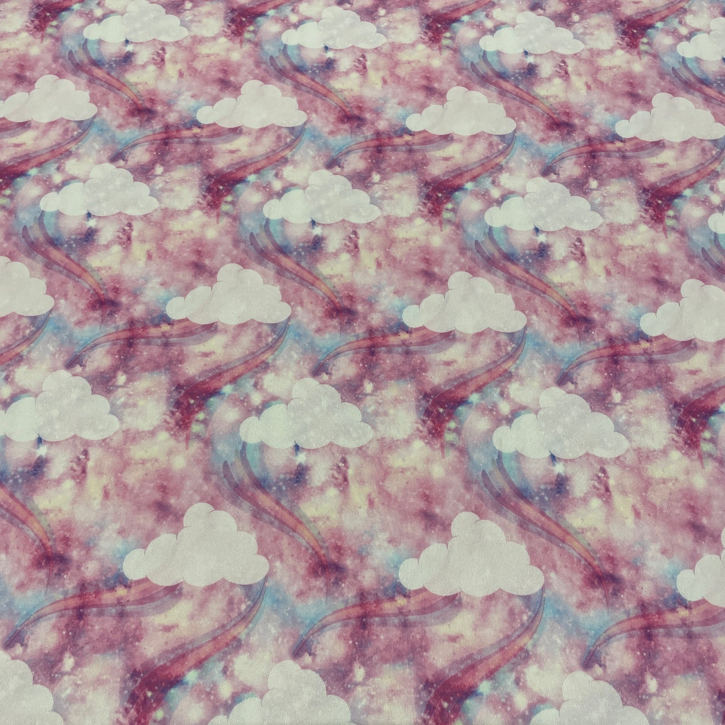 FS903 Pink Glitter Clouds | Fabric | candyfloss, Cloud, Clouds, drape, Dress making, Fabric, fashion fabric, Galaxy, Glitter, jersey, Milkyway, Neon, Pink, Polyester, Scuba, sewing, space, stars, Tie Dye | Fabric Styles