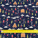 FS683 Ski Resort Scene Navy | Fabric | blue, celebration, Christmas, Christmas Tree, Cotton, drape, Dream, Fabric, fashion fabric, Festive, House, Light blue, making, sewing, Ski, Skirt, Snow, Snowflake, tree, Xmas | Fabric Styles