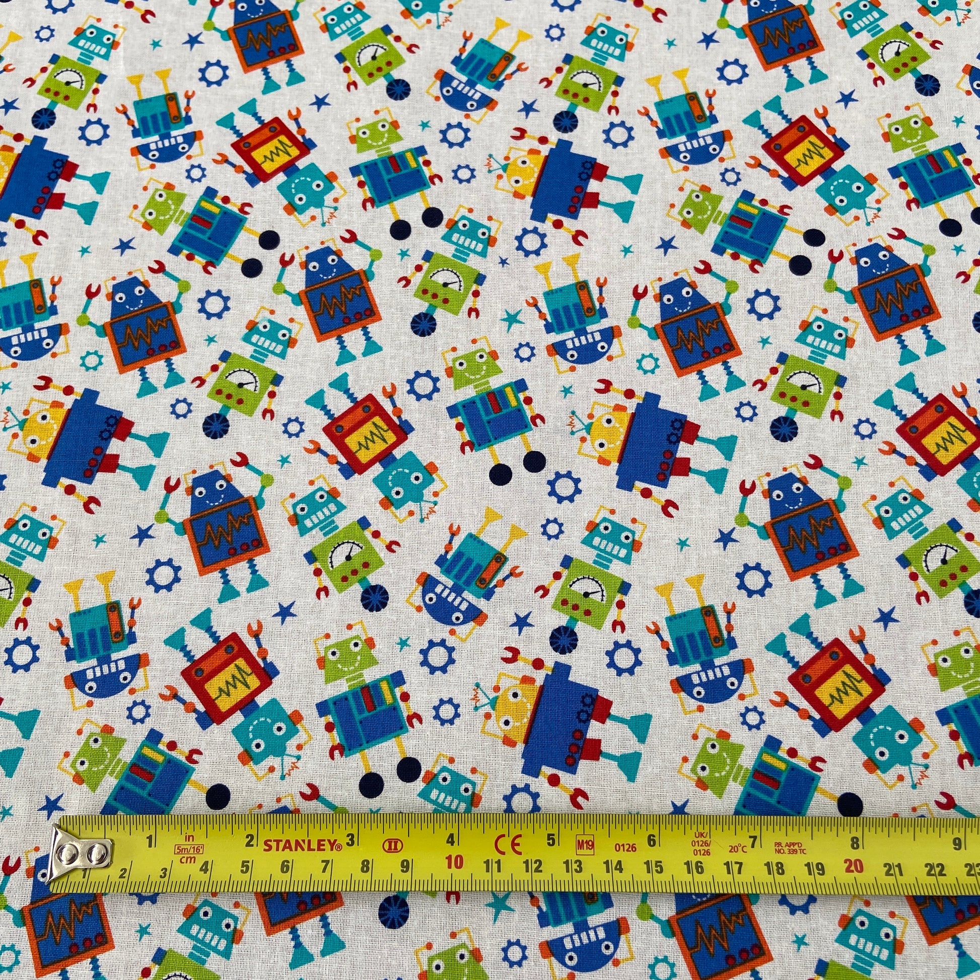 FS679_2 Robot Dreams Cotton Fabric White | Fabric | blue, celebration, children's, Cotton, Denim, drape, Dream, Fabric, fashion fabric, grey, kid, kids, Light blue, making, Robot, Robot Dream, Robot Dreams, rugby, sewing, Skirt, sports, Sports day | Fabric Styles