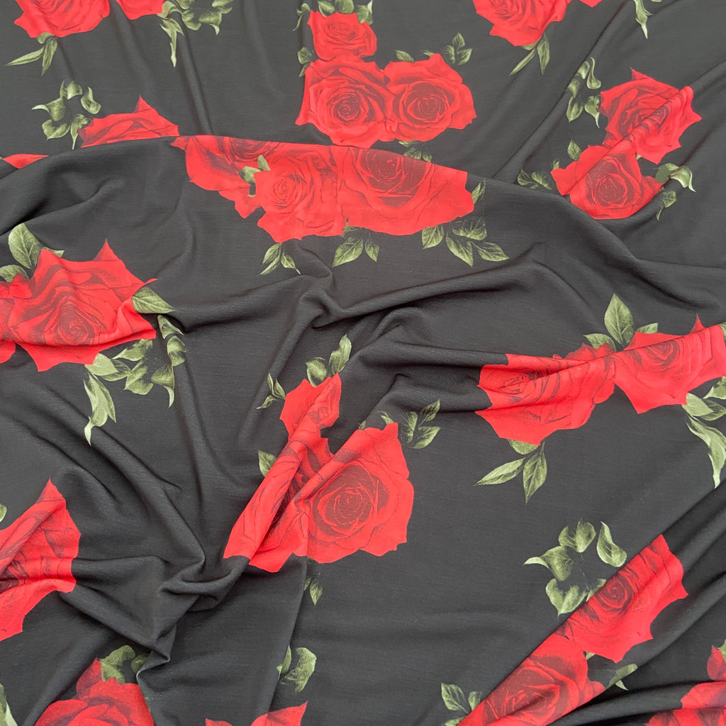 FS564 Rosey Red ITY Silky Stretch Knit Fabric Black – Fabric Styles