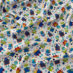 FS679_2 Robot Dreams Cotton Fabric White | Fabric | blue, celebration, children's, Cotton, Denim, drape, Dream, Fabric, fashion fabric, grey, kid, kids, Light blue, making, Robot, Robot Dream, Robot Dreams, rugby, sewing, Skirt, sports, Sports day | Fabric Styles
