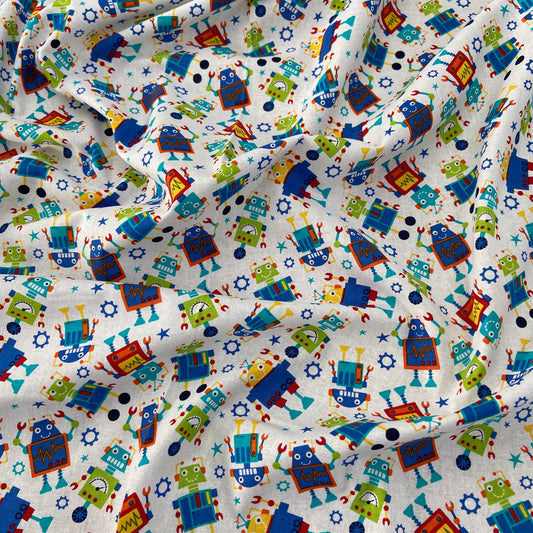 FS679_2 Robot Dreams Cotton Fabric White | Fabric | blue, celebration, children's, Cotton, Denim, drape, Dream, Fabric, fashion fabric, grey, kid, kids, Light blue, making, Robot, Robot Dream, Robot Dreams, rugby, sewing, Skirt, sports, Sports day | Fabric Styles