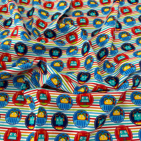 FS680 Stripe Robot Dreams Cotton Fabric Multicolour | Fabric | blue, celebration, children's, Cotton, Denim, drape, Dream, Fabric, fashion fabric, grey, kid, kids, Light blue, making, Robot, Robot Dream, Robot Dreams, rugby, sewing, Skirt, sports, Sports day | Fabric Styles