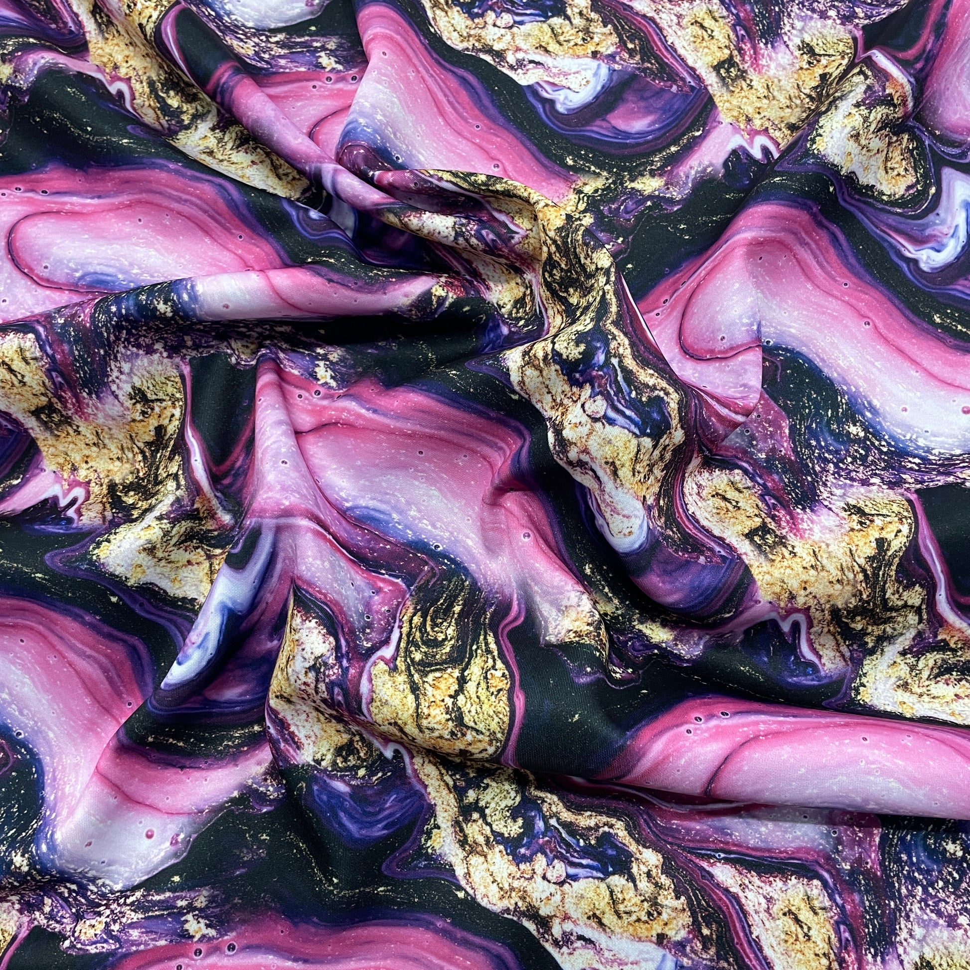 FS904 Pink Gold Marble | Fabric | candyfloss, Clouds, drape, Dress making, Fabric, fashion fabric, Galaxy, Glitter, jersey, Milkyway, Neon, Pink, Polyester, Scuba, sewing, space, stars, Tie Die, Tie Dye | Fabric Styles