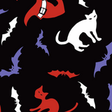 FS712 Halloween Cats and Bats Spun Polyester Jersey Knit Stretch Fabric Black | Fabric | Bat, Bats, Cat, Cats, Fabric, Ghost, Halloween, HalloweenBulk, Hat, Haunted, Pumpkin, Scary, Skull, Skulls, spider, Spun Polyester, Spun Polyester Elastane, Teeth, Vampire, Web, Webs, Witch Hat | Fabric Styles