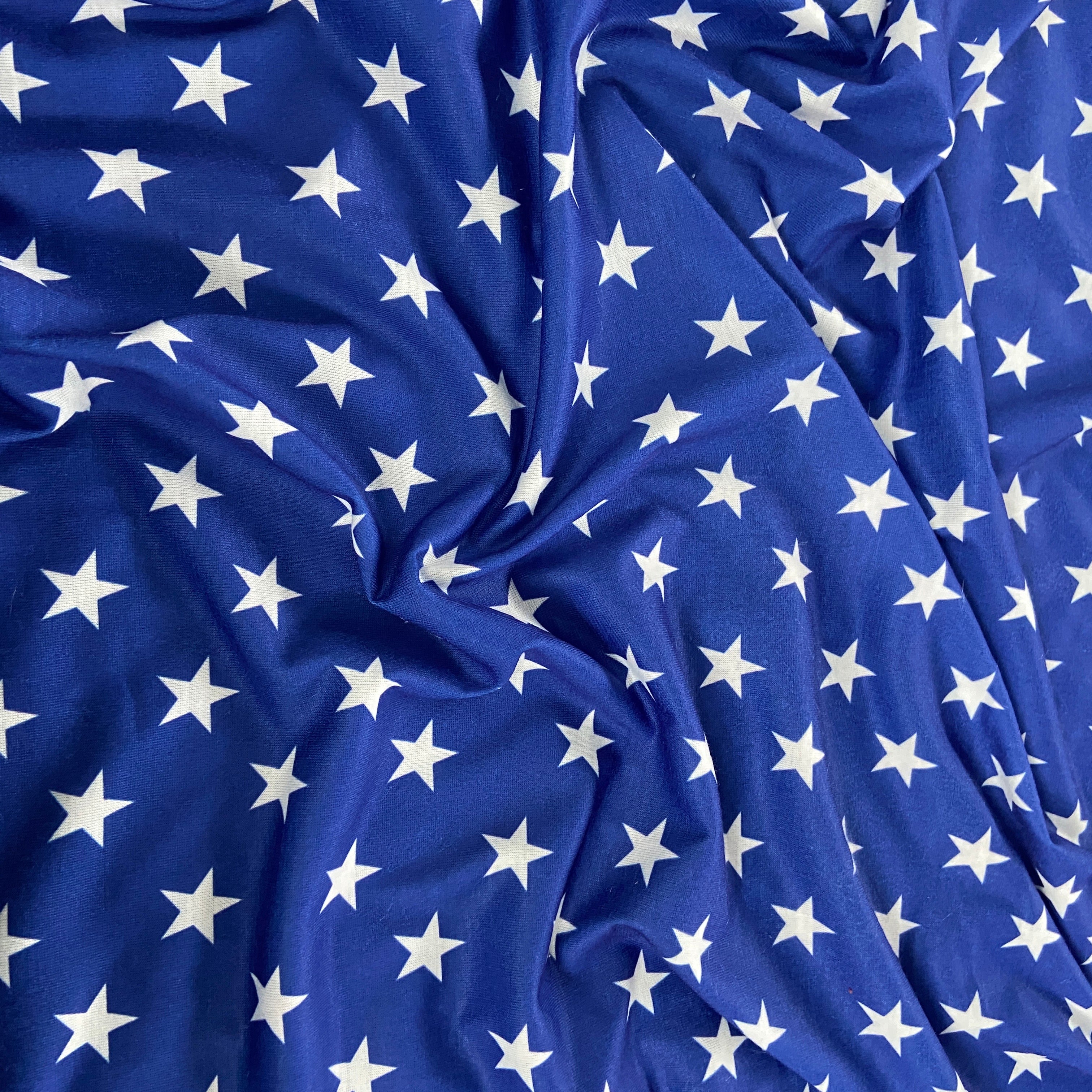 FS703 Royal Blue Stars | Fabric | children, drape, elastane, Fabric, fashion fabric, jersey, kid, kids, limited, making, mono chrome, Polyester, sale, sewing, Spun Polyester, star, stars, stretch, Stretchy | Fabric Styles