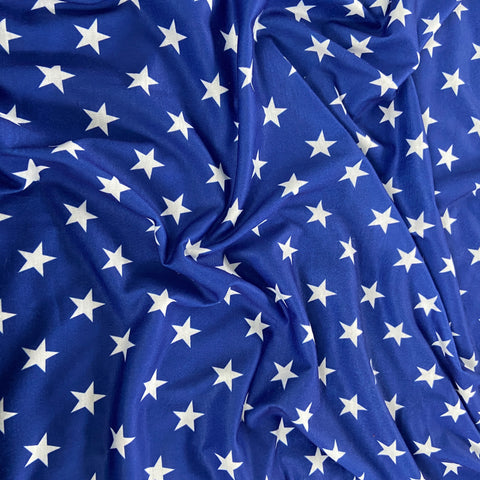 FS703 Royal Blue Stars | Fabric | children, drape, elastane, Fabric, fashion fabric, jersey, kid, kids, limited, making, mono chrome, Polyester, sale, sewing, Spun Polyester, star, stars, stretch, Stretchy | Fabric Styles