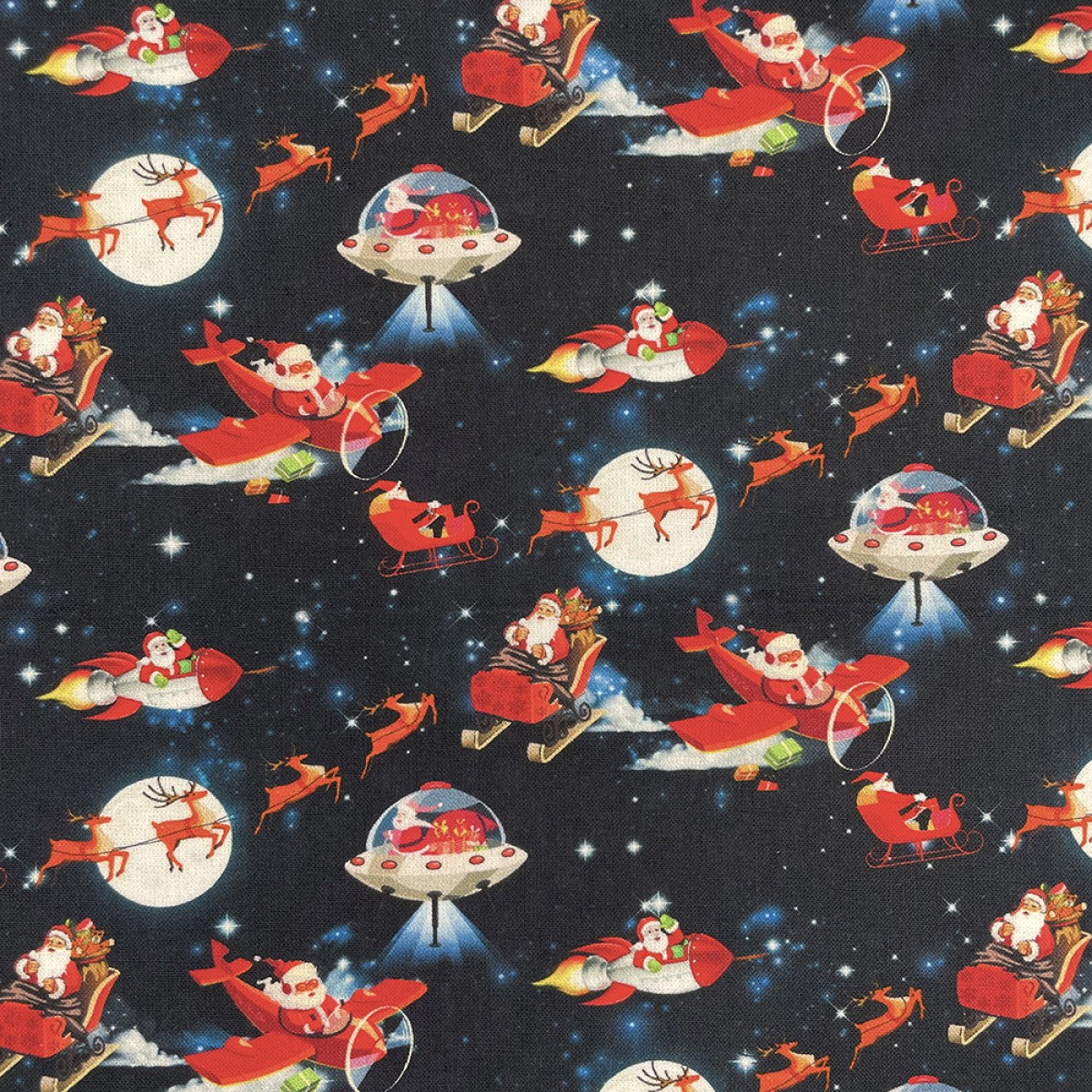 FS1073 Christmas Santas Deliveries Cotton Fabric Blue | Fabric | blue, Christmas, Cotton, drape, Fabric, fashion fabric, making, Moon, Plane, Reindeer, Santa, sewing, Sledge, sleigh, Stars, xmas | Fabric Styles