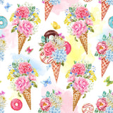 FS257_1 Vintage Icecream Cone Floral Donuts | Fabric | Children, cone, Donut, Donuts, Doughnut, Dress making, Fabric, fashion fabric, Floral, Flower, Flowers, Icecream cone, jersey, Kid, Kids, making, Polyester, Scuba, sewing, Stretchy, Vintage | Fabric Styles